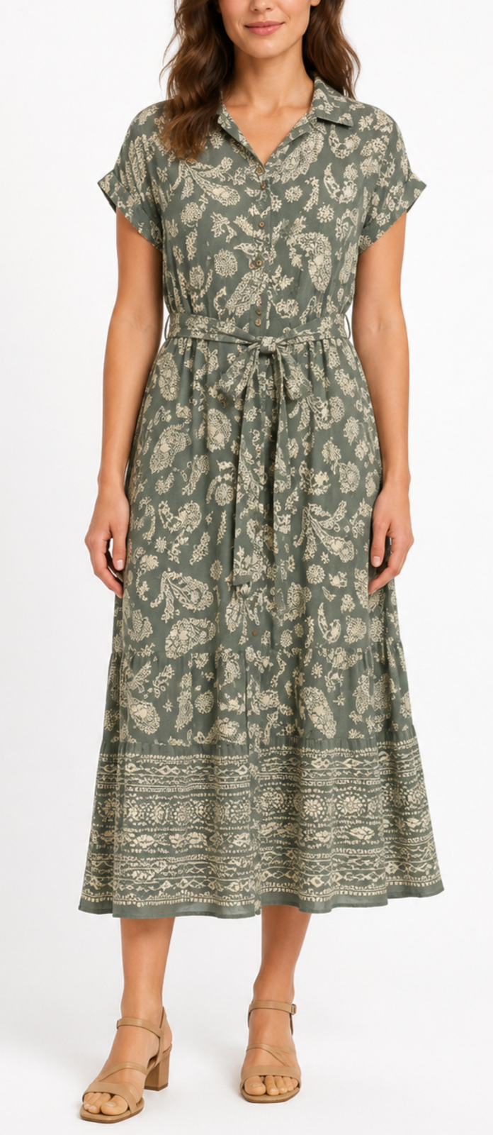 Lucky Brand Womens S Sage Green Paisley Button Front Belt Boho Midi Shirt Dress
